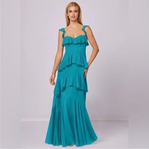 Azazie Barbie 1025 tiered ruffle maxi dress PROM WEDDING FORMAL jade green blue